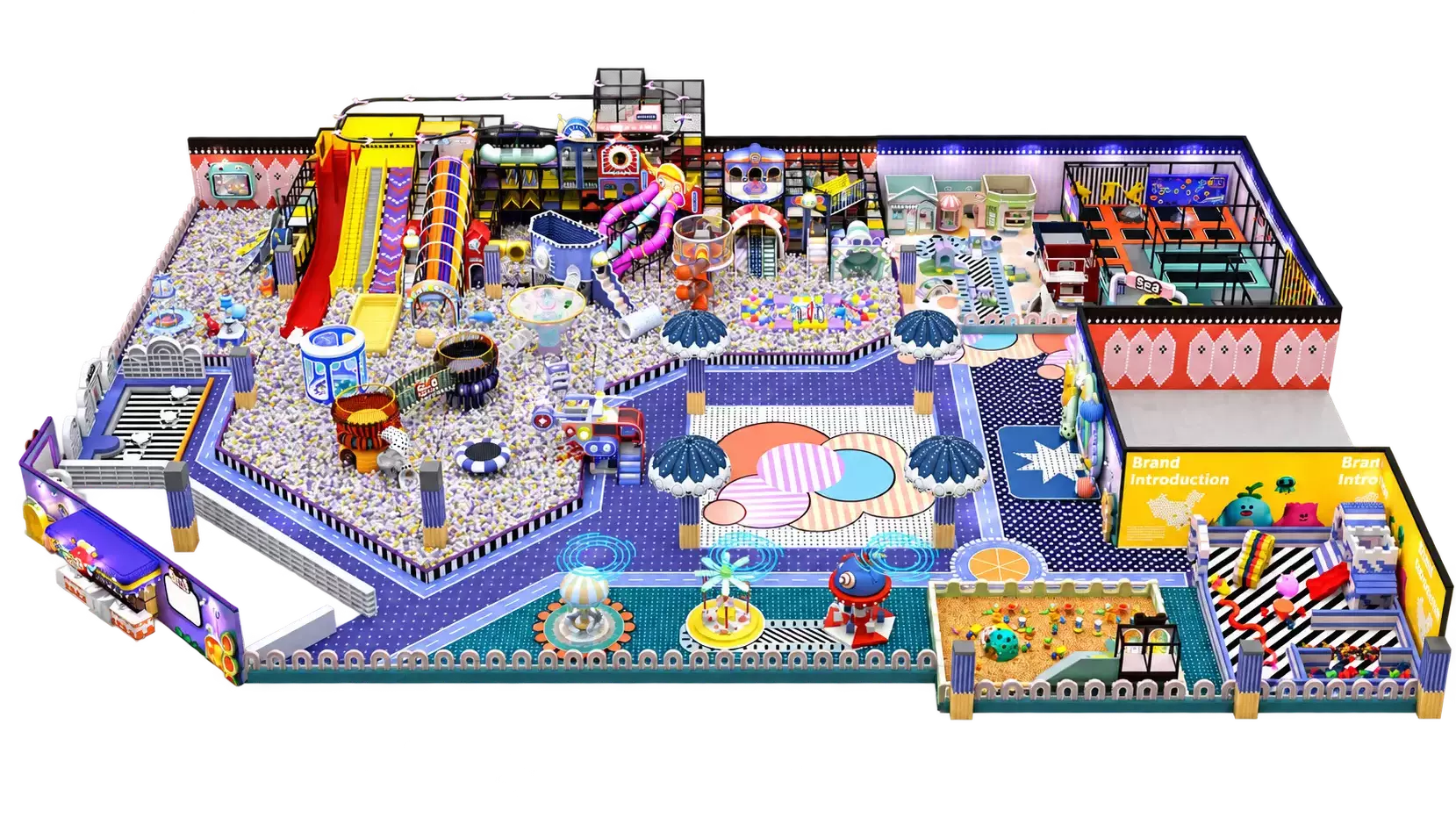 Indoor playground layout with different activity zones for children