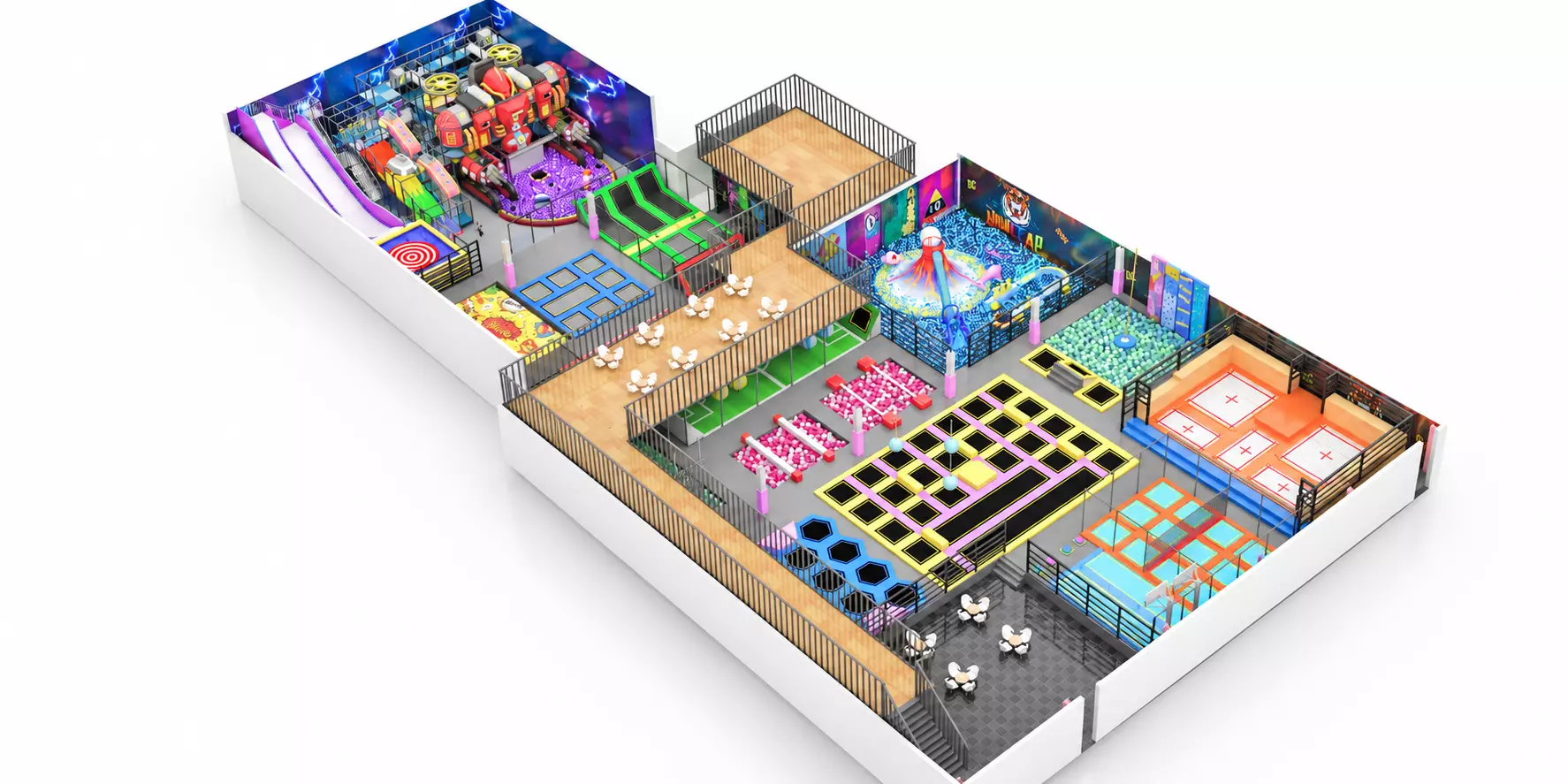 Indoor playground equipment layout with soft play, slides, climbing and activity areas