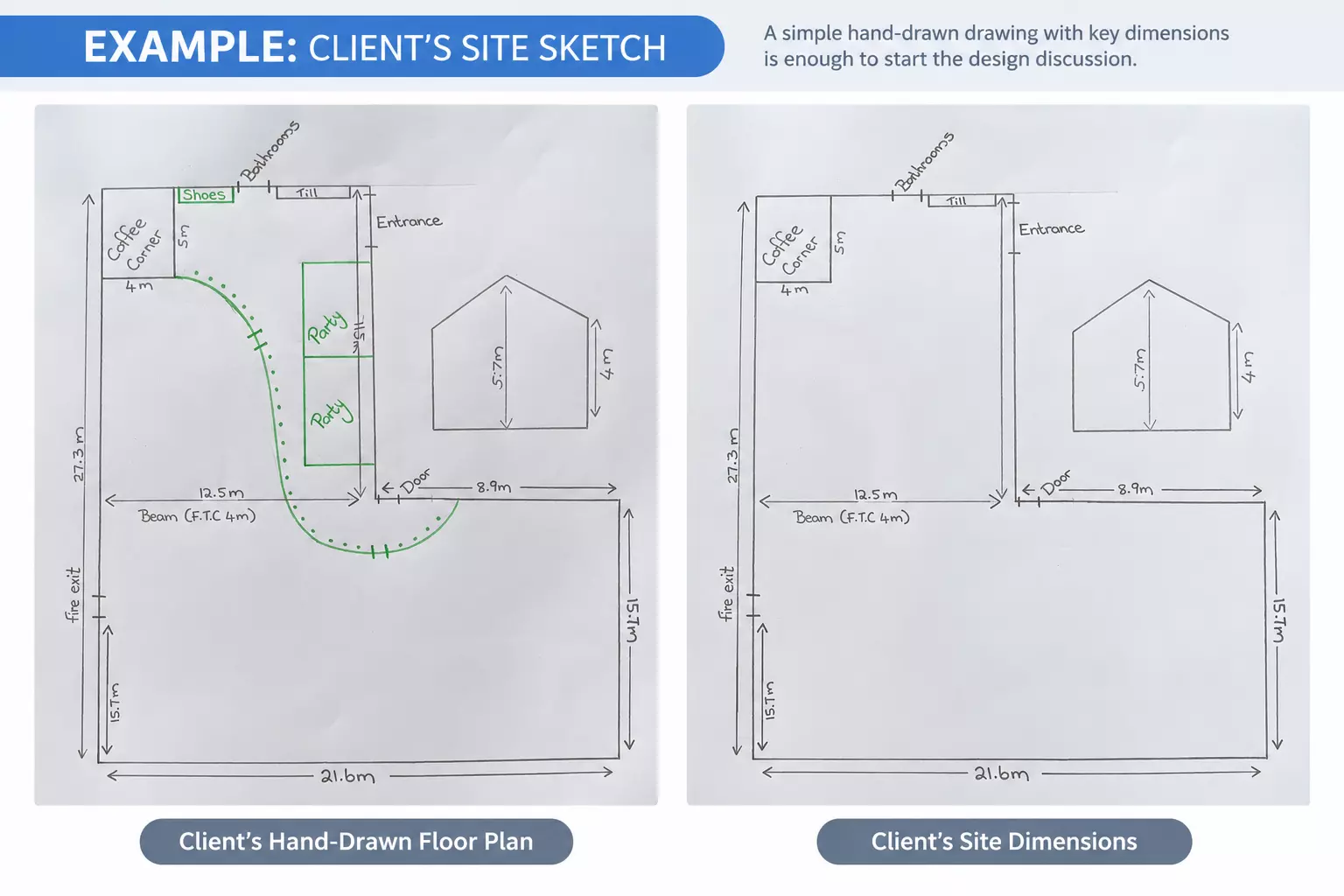 Client hand-drawn floor plan for an indoor playground project