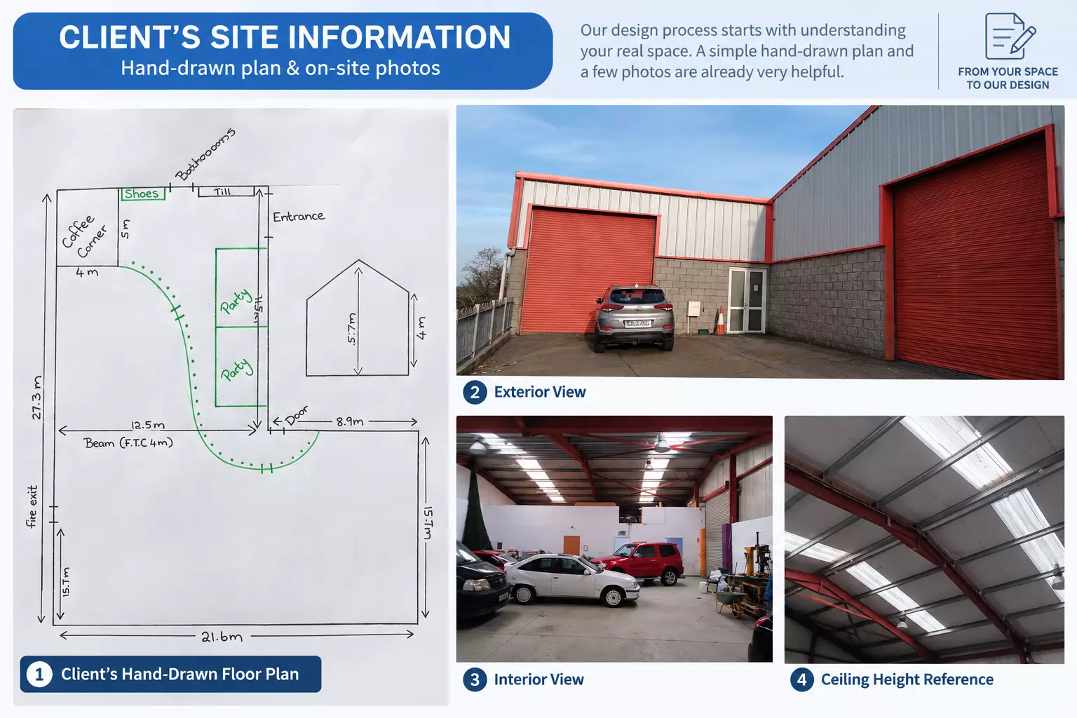 Existing site conditions and ceiling structure for an indoor playground project