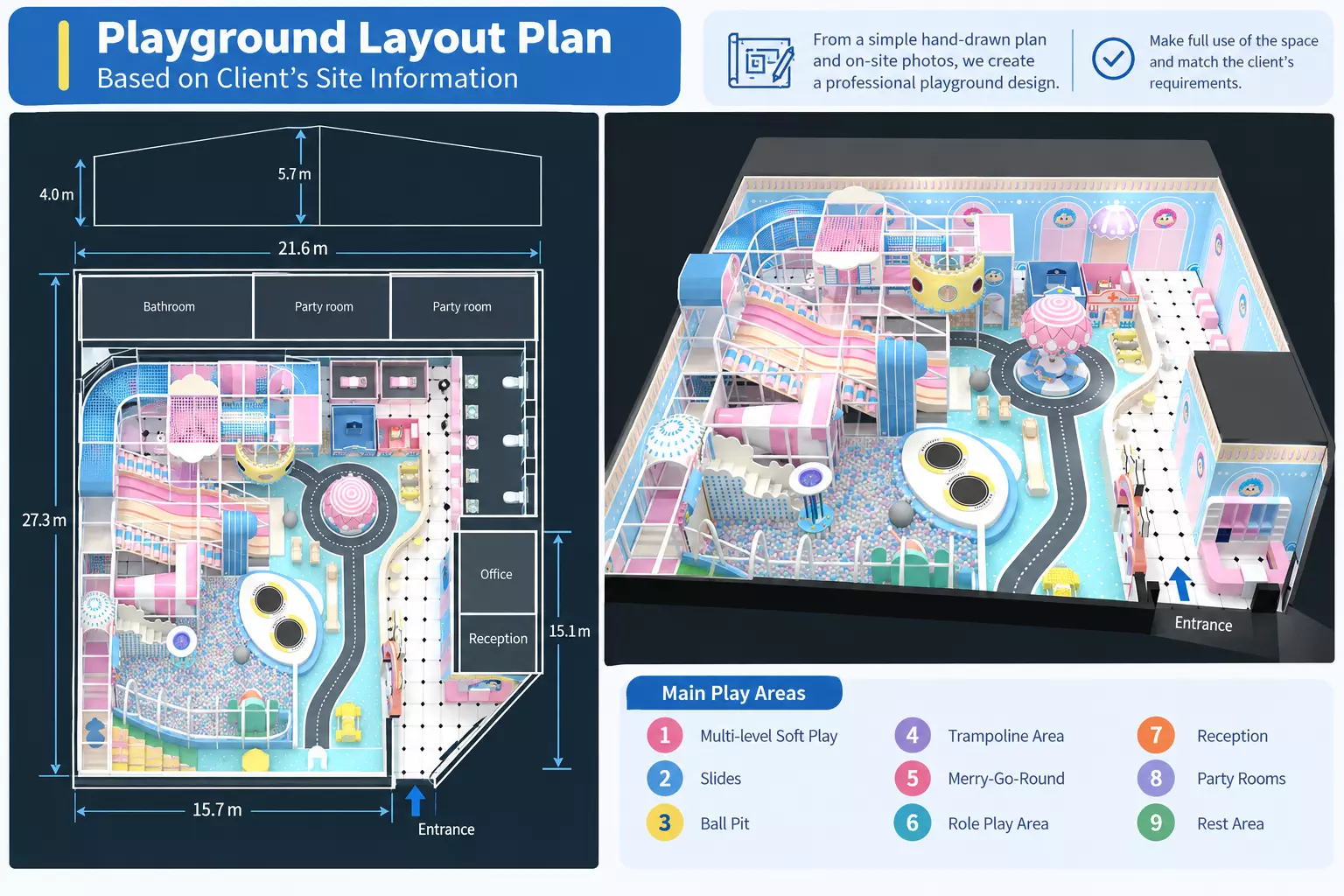 3D indoor playground design developed from the approved layout